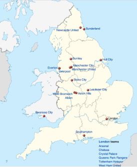 Teams of the 2014-15 Premier League on a map (Wikipedia)